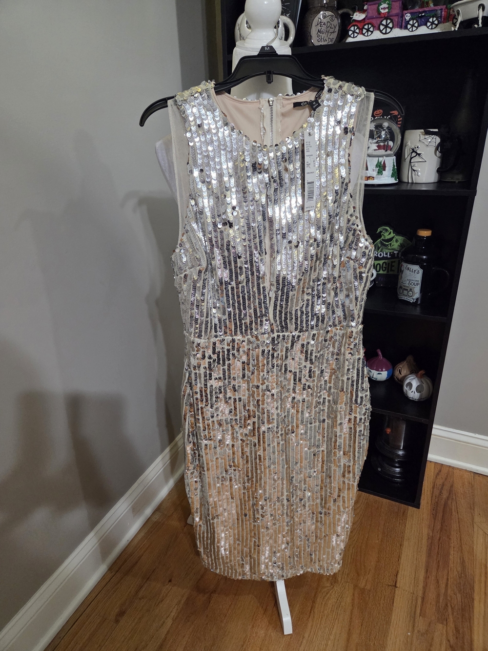 Sequin Sheath Dress in Silver and Nude